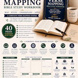 May include: A digital Ultimate Verse Mapping Bible Study Workbook featuring a dark blue spiral-bound cover, an open book with a black pen, and a white mug. The layout includes text, icons, and worksheets for verse study, observation, and prayer.