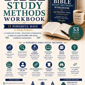 May include: A dark blue spiral-bound Ultimate Bible Study Methods Workbook with 11 powerful ways to study scripture. The cover features white text, a book icon, and a gold line design. It includes 53 pages of reusable study tools in US letter size.