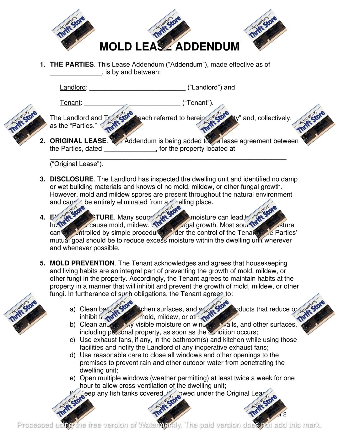 Mold Lease Addendum for Rental Lease Agreement Standard Form PDF File ...
