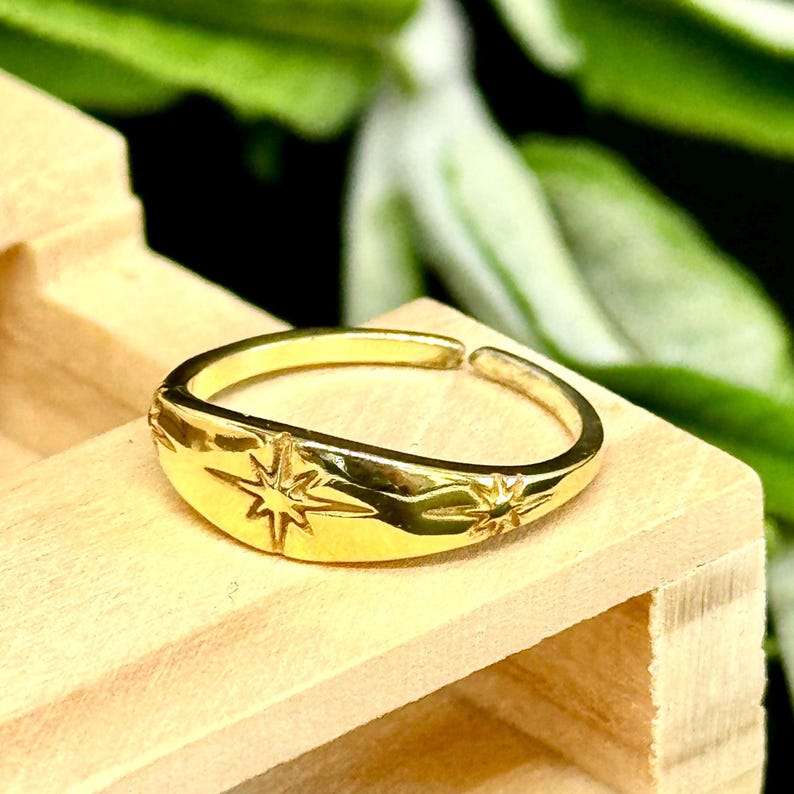 May include: A gold-colored adjustable ring with a starburst design. The ring features a central starburst and smaller starbursts on each side. The ring is set on a wooden surface with green foliage in the background.