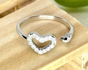 Bague d'orteil en argent sterling à deux cœurs : pierre CZ, argent 925 réglable