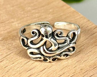 Sterling Silver Octopus Toe Ring • Adjustable 925 Ocean Sea Life Band • Beach Jewelry Gift for Her Summer Look • Beach Days