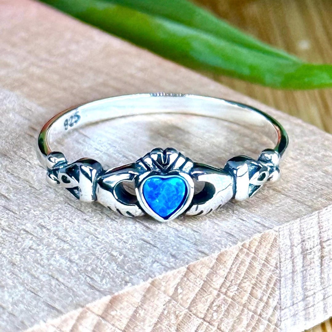 Sterling Silver 925 Claddagh Ring With Lab Blue Opal Irish • Pretty ...