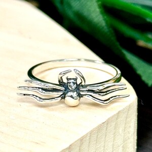 May include: A silver spider ring with a detailed design. The spider is positioned on the ring band with its legs extending out.