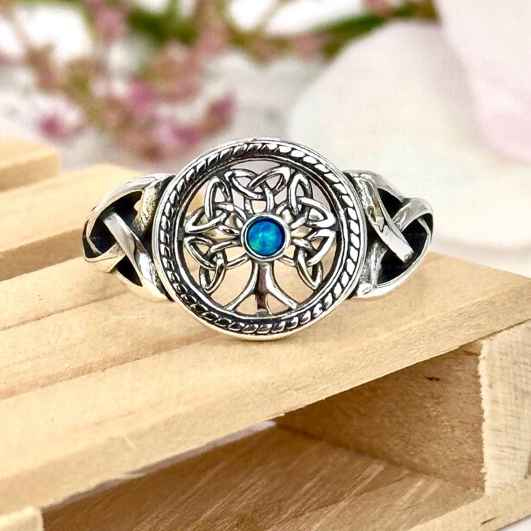 Sterling Silver Celtic Tree of Life Ring With Blue Lab Opal • Spiritual ...