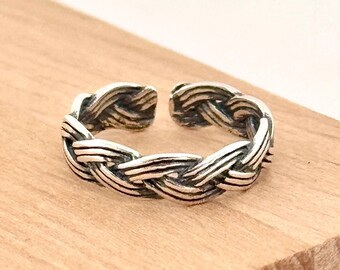 Sterling Silver Braided Rope Toe Ring: Adjustable 925 Boho Jewelry