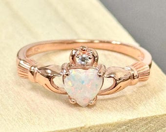 Sterling Silver 925 Claddagh Crown Heart Ring with Lab Opal and Clear CZ Stone • love ring • loyalty • Irish • promise ring • gift