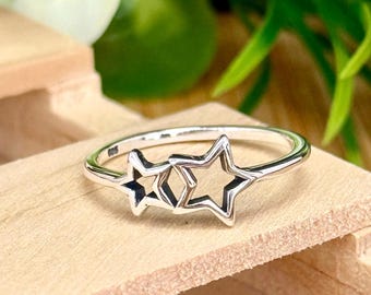 Sterling Silver 925 Stars Twin Stars Ring, space, gift, night sky, dreams, shooting stars, minimalist, celestial, connections, harmony