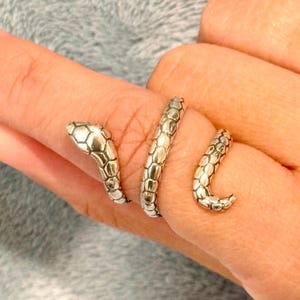 May include: A silver snake ring coiled around a finger. The ring has a detailed snake design with a textured, scale-like pattern. The snake's head and tail curve around the finger, creating a unique and eye-catching accessory.