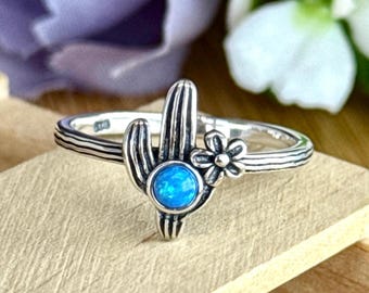 Bague cactus et fleur en argent sterling 925 avec opale bleue de laboratoire, bohème, dessert, western, cow-boy, cow-girl, plante, amant, amitié, cadeau,