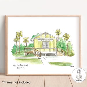 Jupiter, FL - Historic Train Depot, Jupiter Inlet, Historic Flagler, Personalized Gallery Wall, Watercolor & Ink, 8x10, 11x14 or 16x20 print