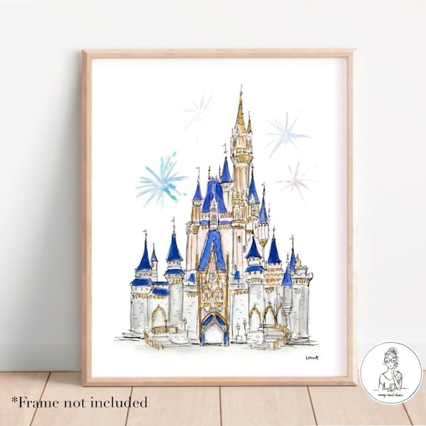 Cinderella’s Castle Watercolor and Ink Illustration, Personalized Gallery Wall Art, 8x10 or 11x14 print