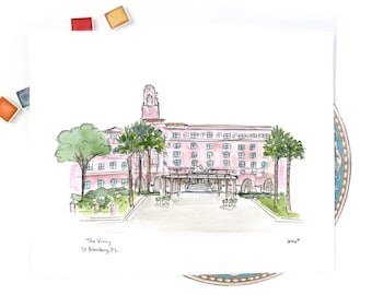 The Vinoy Hotel, St Pete Beach Florida Watercolor and Ink Illustration, Personalized Gallery Wall Art, 8x10 or 11x14 print