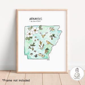 Mapa do estado de Arkansas, mapa personalizado, mapa de características ilustradas, formato do estado, ilustração em aquarela e tinta, impressão 8x10, 11x14 ou 16x20