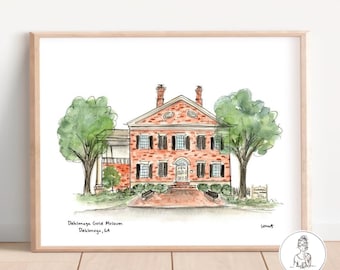 May include: Watercolor painting of a brick building with a white trim. The building has a large front porch and two trees on either side. The text "Dahlonega Gold Museum Dahlonega, GA" is written below the building.