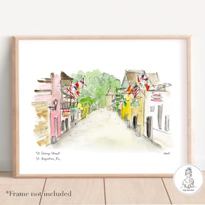 Saint Augustine, Floride - St. George Street, monument historique de Floride, illustration aquarelle et encre, impression 8 x 10, 11 x 14 ou 16 x 20
