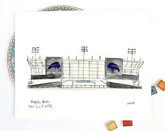 Buffalo football Stadium, watercolor and ink illustration print, Archival Quality 8x10