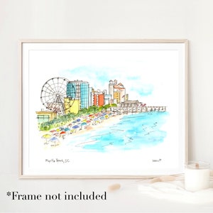 Myrtle Beach, South Carolina Watercolor Art Print, Broadway at the Beach, SkyWheel Landmark Illustration, 8x10 or 11x14 wall art print