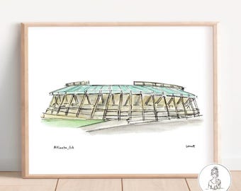 Atlanta, GA. Fulton County Stadium, Vintage Baseball, Urban Sketch, Watercolor Illustration Portrait, 8x10, 11x14 or 16x20 print