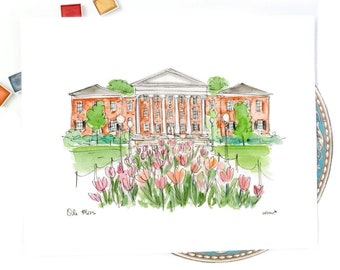 Ole Miss University of Mississippi Watercolor Illustration, Graduate gift Campus Landmark 8x10 or 11x14 print