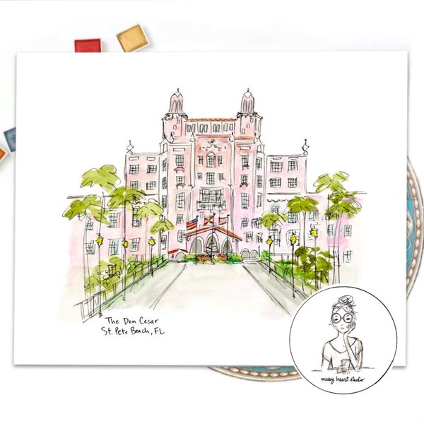 Le Don CeSar Hotel, St Pete Beach Florida aquarelle et illustration à l'encre, art mural personnalisé de la galerie, impression 8 x 10 ou 11 x 14