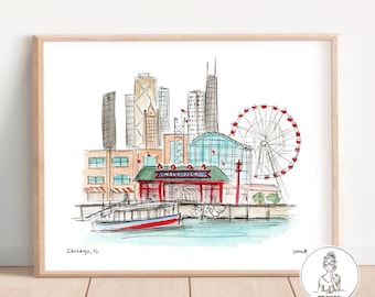 May include: Watercolor illustration of the Chicago skyline with Navy Pier, a Ferris wheel, and a boat. The illustration is in shades of blue, red, and green.