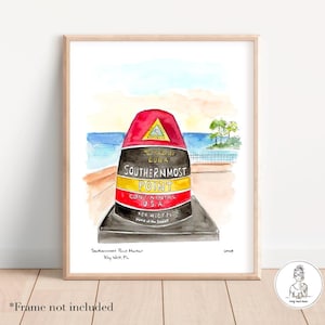Key West FL, Southernmost Point Marker, Watercolor Illustration Print, Florida Keys Souvenir Artwork, 8x10, 11x14 or 16x20 print