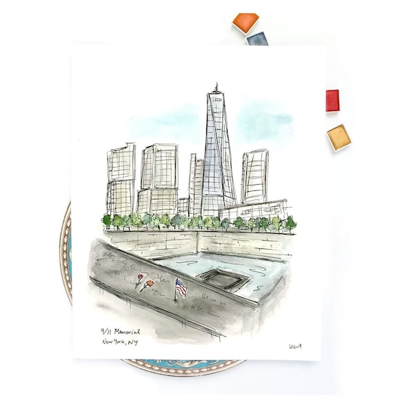 9/11 Memorial, One World Trade Center, New York Watercolor and Ink