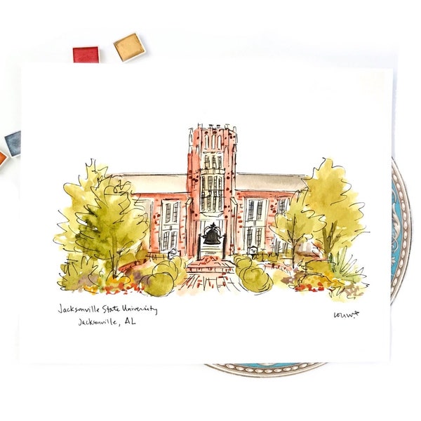 Jacksonville State University, Jacksonville, Alabama College Campus Watercolor Illustration, Graduation Gift, Archival Quality 8x10 print