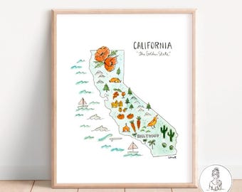 California State Art Print, Personalized with your Favorite Town, Watercolor Print, 8x10, 11x14 or 16x20 print.