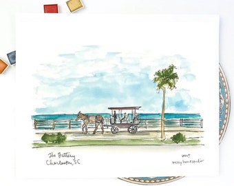 Charleston, South Carolina, Historic Horse Carriage Tour, The Battery, Watercolor Archival Quality 8x10 or 11x14 print