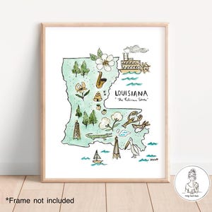 Mapa do estado de Louisiana com características de marcos, arte de parede de galeria, formato de estado, aquarela e tinta, qualidade de arquivo, impressão 8x10, 11x14 ou 16x20