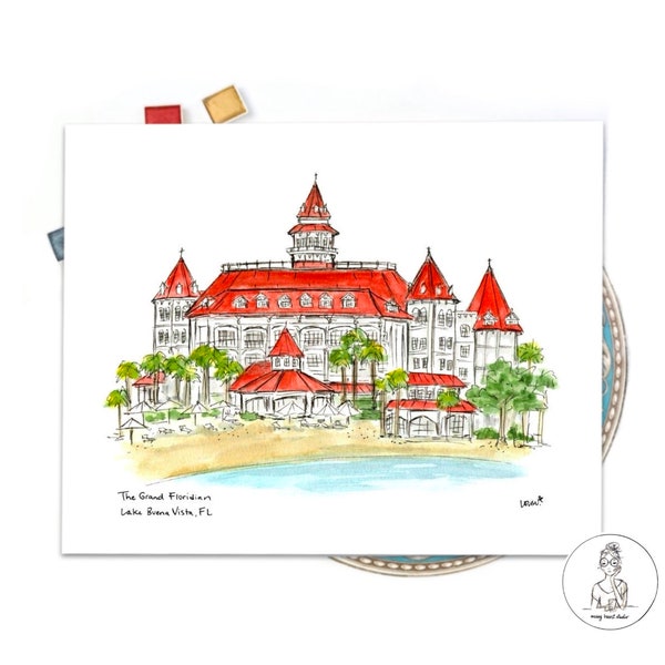 The Grand Floridian Watercolor and Ink Illustration, Personalized Gallery Wall Art, 8x10 or 11x14 print