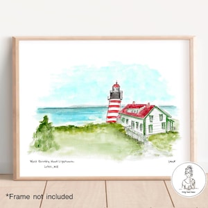 Lubec, ME - West Quoddy Head Lighthouse, Watercolor & Ink, Archival Quality, Historic Maine, 8x10, 11x14 or 16x20 print