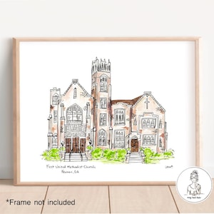 Newnan, GA - First United Methodist Church. Historic Downtown Newnan, Georgia, Watercolor, Archival Quality, 8x10, 11x14 or 16x20 print