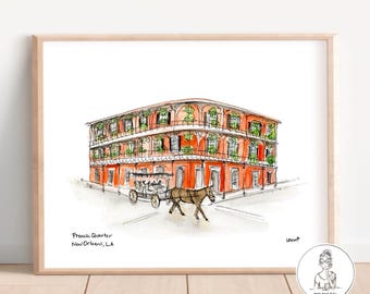 May include: Watercolor illustration of a red brick building with balconies and green plants. A horse-drawn carriage is in front of the building. The text "French Quarter New Orleans, LA" is below the image.