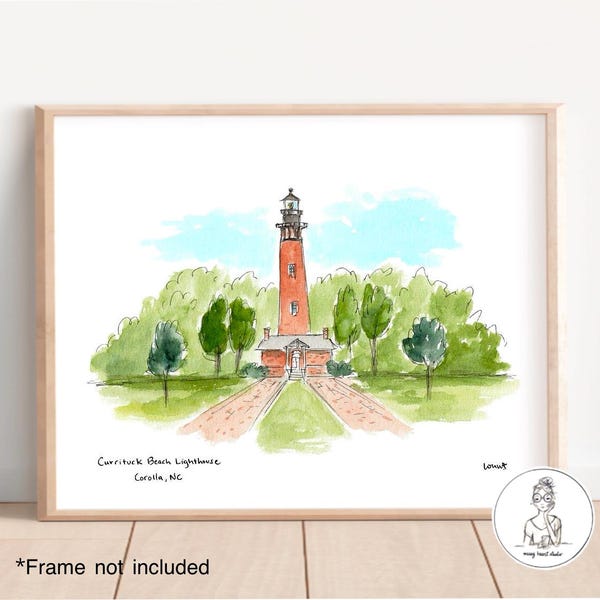 Currituck Beach Lighthouse - Corolla, NC. Outer Banks, North Carolina, Watercolor & Ink Print 8x10, 11x14 or 16x20 Print