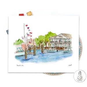 Beaufort, North Carolina Waterfront Watercolor Illustration, watercolor print 8x10 or 11x14