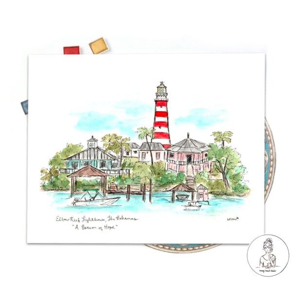 Bahamas Lighthouse Gallery Wall Art, Landmark illustration, ink and watercolor print 8x10 or 11x14