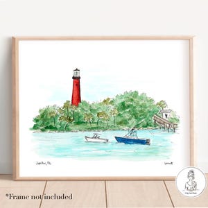 Jupiter Florida Lighthouse, Jupiter Inlet, Historic Lighthouse, Personalized Gallery Wall Art, Watercolor & Ink, 8x10, 11x14 or 16x20 print