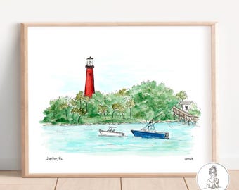 Jupiter Florida Lighthouse, Jupiter Inlet, Historic Lighthouse, Personalized Gallery Wall Art, Watercolor & Ink, 8x10, 11x14 or 16x20 print