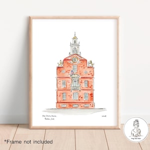 Boston, MA - Old State House. Watercolor & Ink Illustration, Freedom Trail, Historic Massachusetts, Gallery Wall, 8x10, 11x14 or 16x20 print