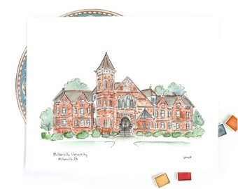 Millersville University Portrait, Campus Watercolor and Ink Illustration, Graduation Gift, Pennsylvania 8x10 or 11x14 print