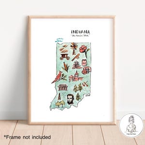 Mapa do estado de Indiana, personalizado com sua cidade, características de marcos do estado de Hoosier, ilustração em aquarela e tinta, impressão 8x10, 11x14 ou 16x20