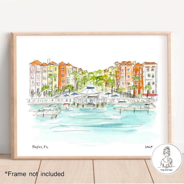 Naples, Floride - Skyline du centre-ville au bord de l'eau. Côte du golfe de Floride, art du voyage, aquarelle et illustration à l'encre, impression 8 x 10, 11 x 14 ou 16 x 20