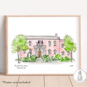 The Olde Pink House, Savannah, Georgia, Watercolor & Ink Illustration, Gallery Wall, 8x10, 11x14 or 16x20 print