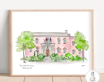 The Olde Pink House, Savannah, Georgia, Watercolor & Ink Illustration, Gallery Wall, 8x10, 11x14 or 16x20 print