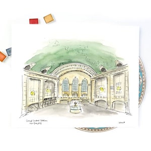 Grand Central Station Terminal, New York City watercolor and ink Art Print, NYC art, gallery wall 8x10 or 11x14 print