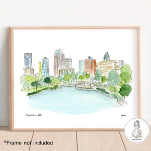 Charlotte, NC - Skyline. Watercolor & Ink Portrait, Gallery Wall Art, North Carolina Illustration, 8x10, 11x14 or 16x20 print