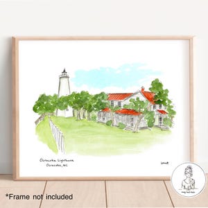 Ocracoke Lighthouse - Ocracoke, NC. Outer Banks, North Carolina, Watercolor & Ink Print 8x10, 11x14 or 16x20 Print